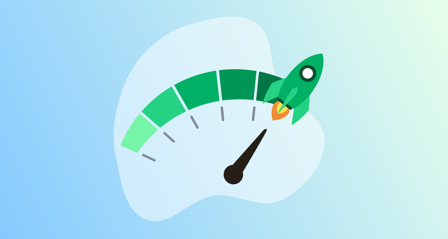Green speedometer with the arrow at the maximum speed and where a green rocket ship is launching.