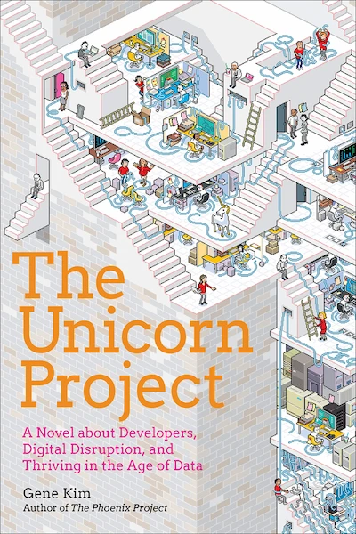 The Unicorn Project book cover features an office with many workers trying to connect blue cables