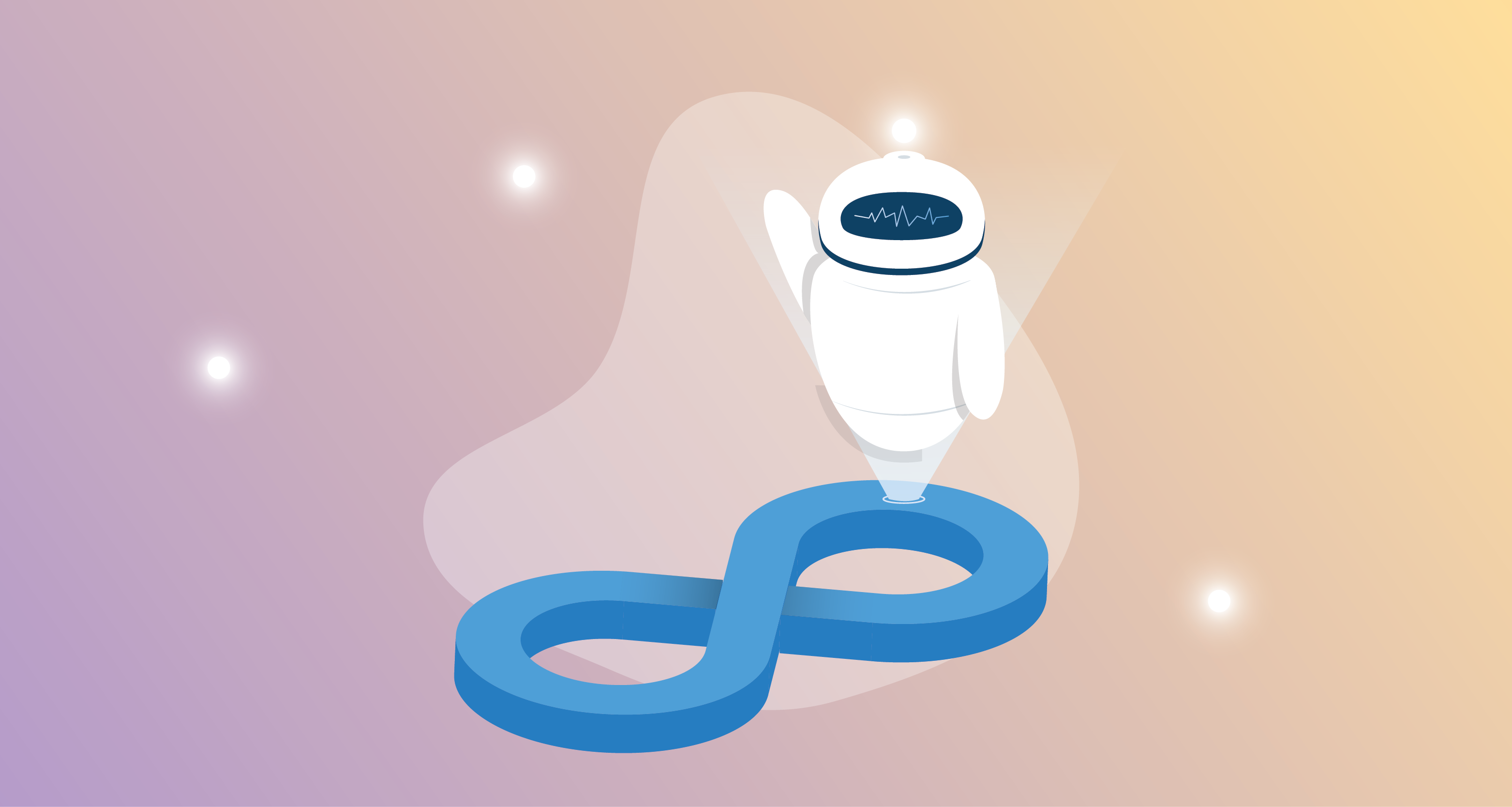 A robot with a chart rendering across its visor waves as it hovers above a DevOps infinity loop