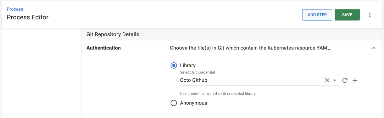 Authentication expander with a Git repository selected from the library.