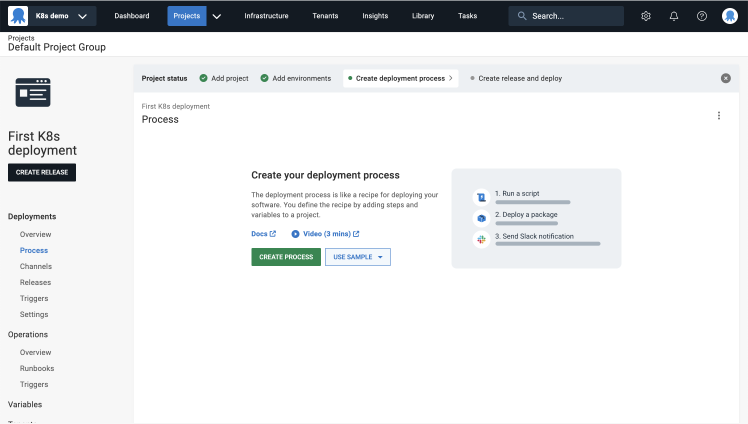 Deployment process page with a button to create the process.