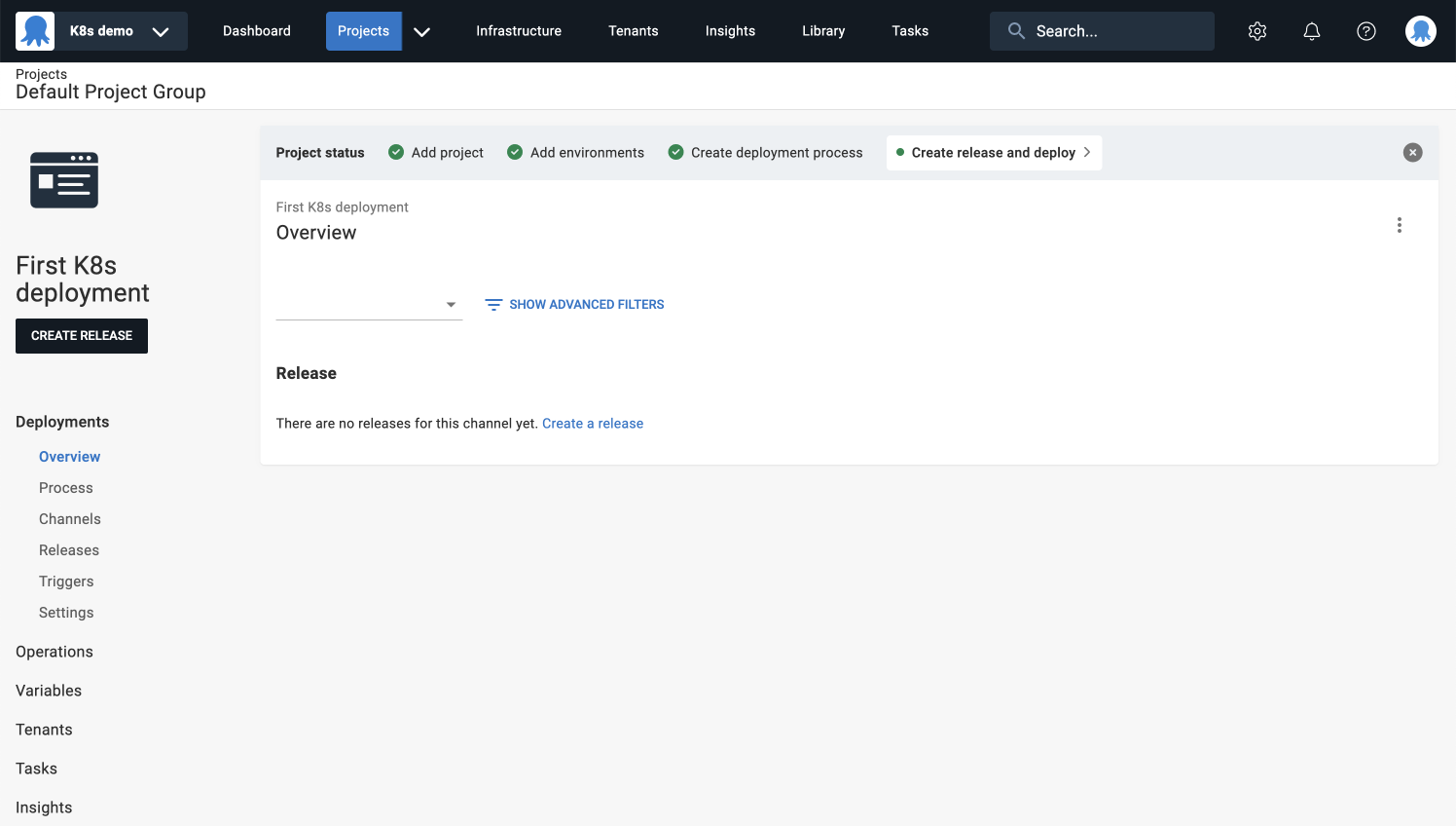 Deployment overview page with no deployments.