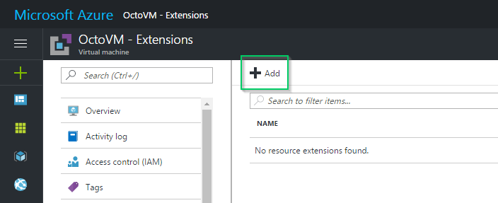 Azure VM Properties - Add extensions button