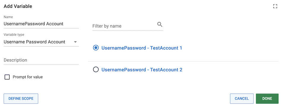 Username Password account variable selection
