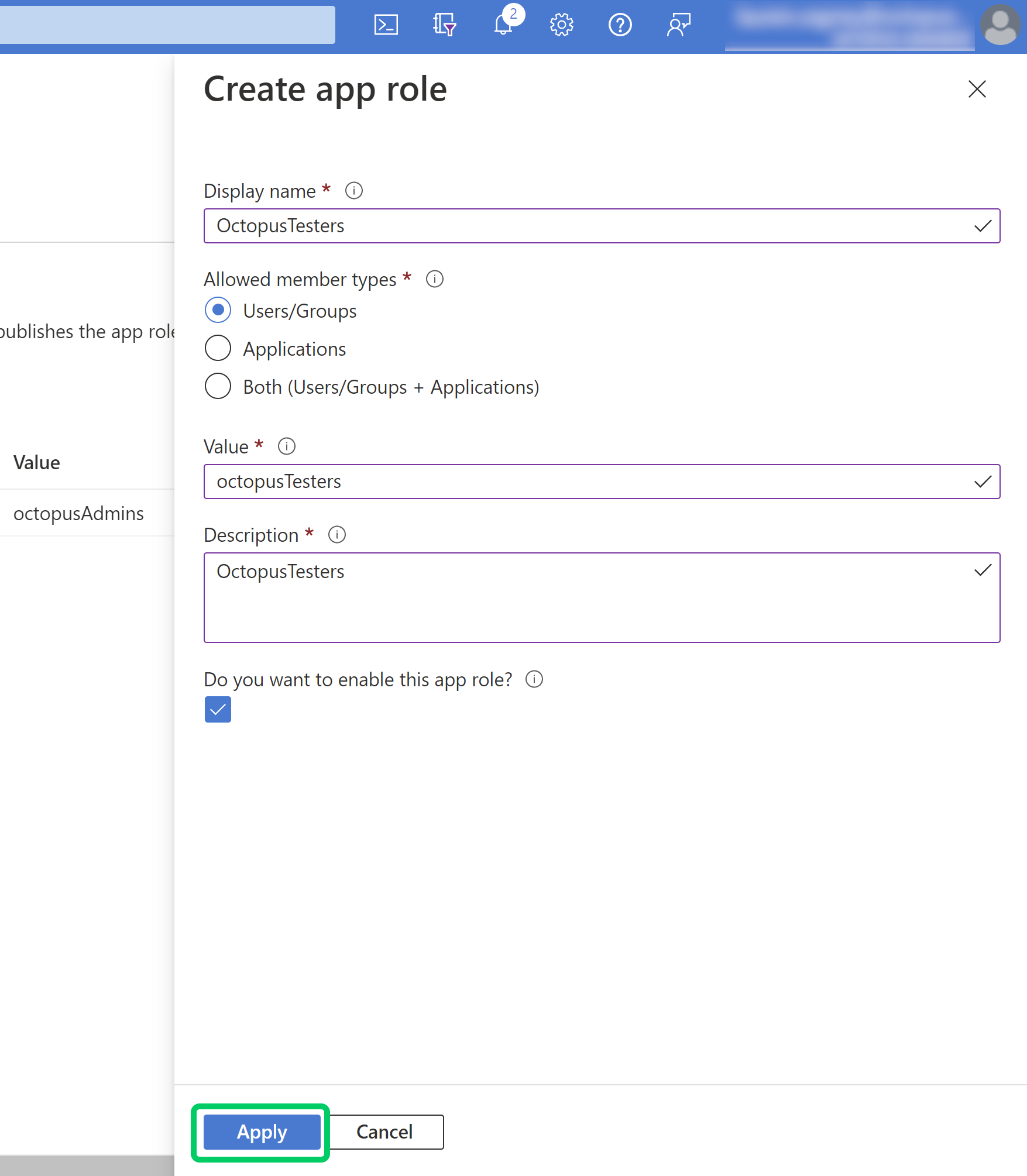width=500 Apply App Role value and name