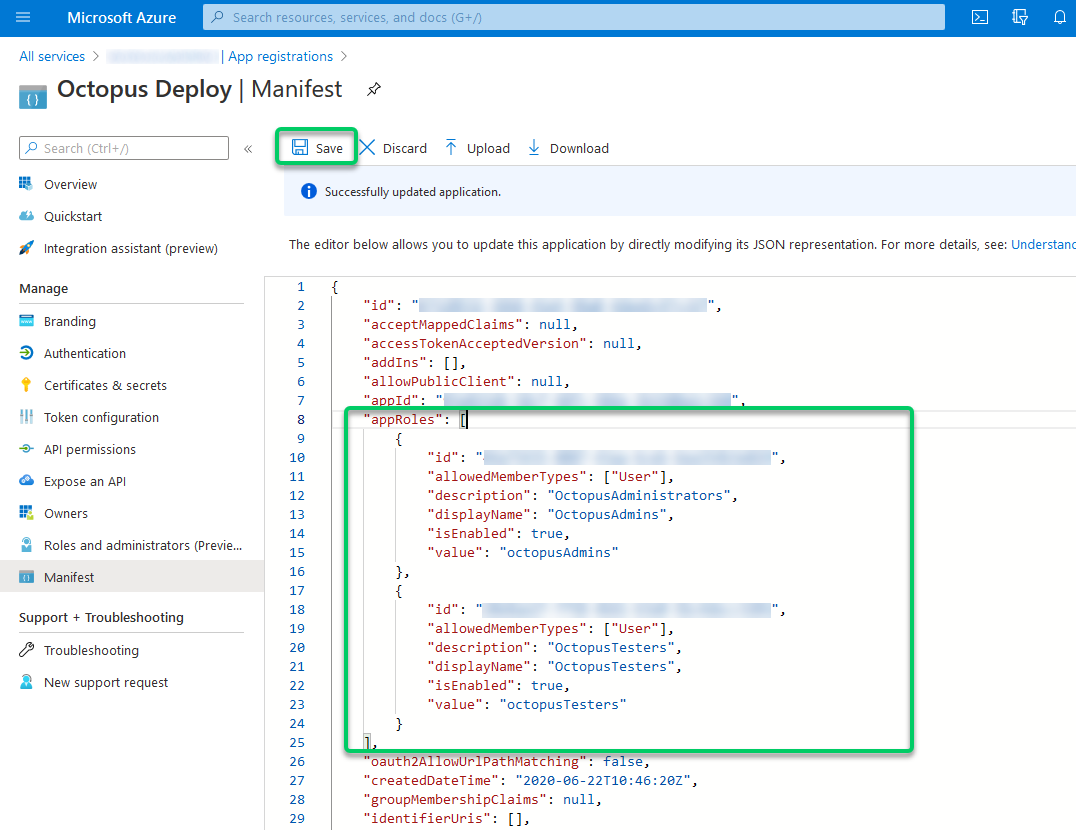 width=500 Saving an App registration manifest